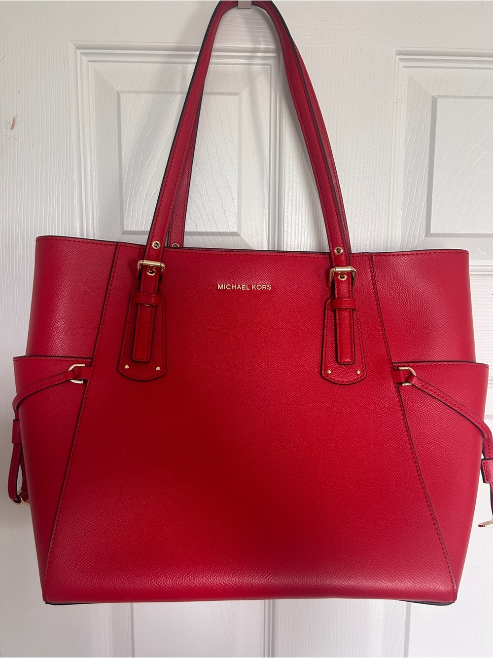Michael Kors Red Saffiano Leather Tote with Gold Accents